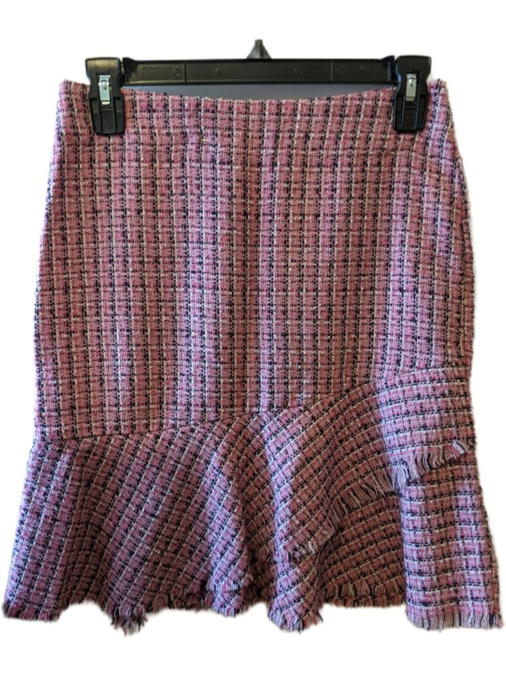 Vintage Y2K Pink Tweed Plaid Asymmetrical Preppy Clueless Ruffle Hem Skirt S
